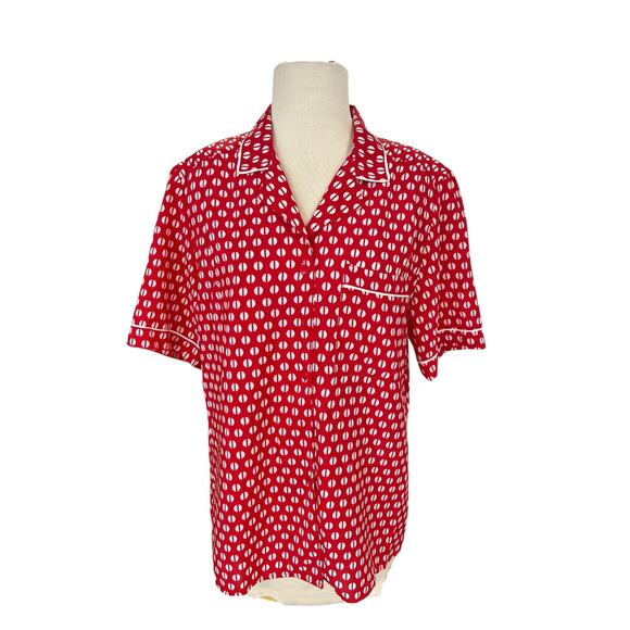 Vintage Haberdashery Blouse Red Geometric Print Size 8 Polyester Leslie Fay 80's - Picture 1 of 7